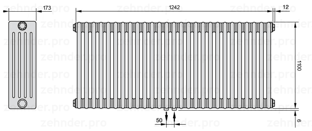 Схема (чертеж) Радиатор Zehnder Charleston 5110/27 №5410 Белый глянцевый RAL 9016